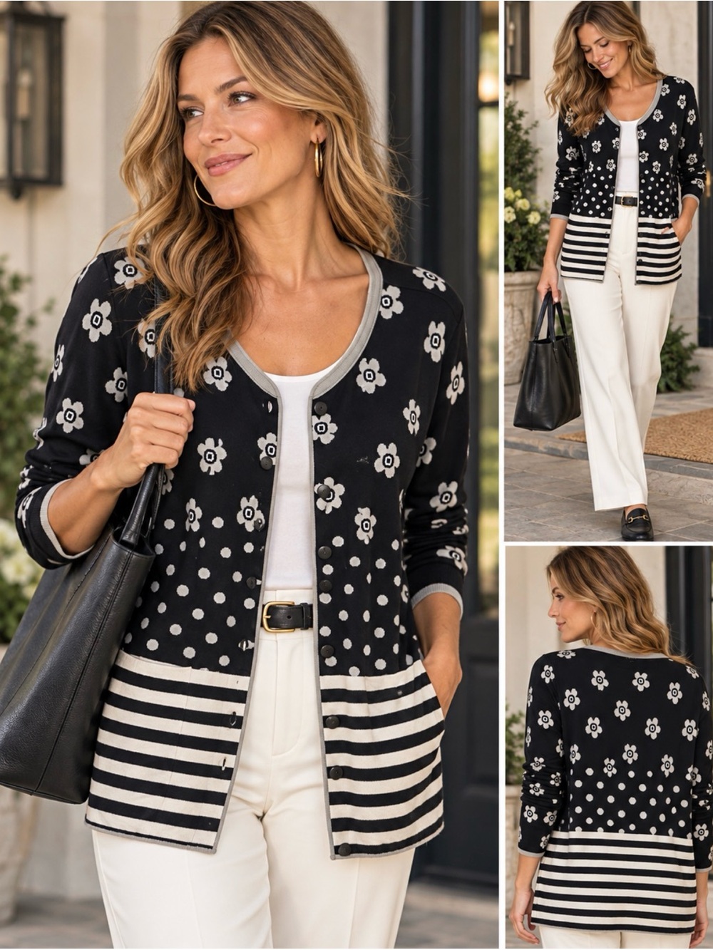 Gudrun Sjoden XXL 100% natural
Cotton black stripe polka dot floral cardigan